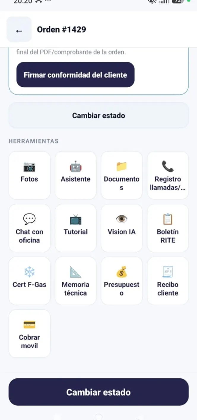 La oficina entera dentro de cada orden Rejilla de herramientas de la orden: fotos, asistente, documentos, chat, Visión IA, RITE, F-Gas, memoria, presupuesto, recibo y cobro