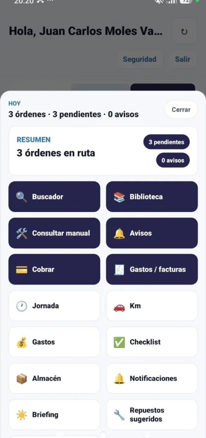 Todas las herramientas del día, en un solo menú Menú de la app del técnico con buscador, manuales, cobrar, gastos, jornada, km, checklist, almacén y briefing